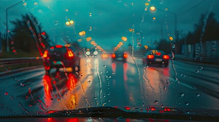 Experience the essence of a rainy journey with our blurred view of a road through a wet car window. Stay safe on wet roads