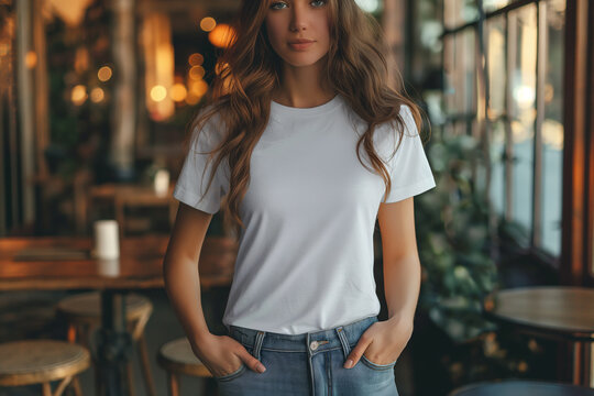 Mockup de una camiseta blanca de mujer, de frente. Con el pecho en blanco para a&ntilde;adir y colocar un dise&ntilde;o. Plantilla textil para recurso gr&aacute;fico promocional. 