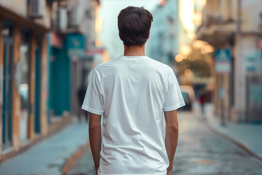 Mockup de una camiseta blanca de hombre, de espaldas. Chico de espaldas caminando por la ciudad. Espalda blanca para a&ntilde;adir y colocar un dise&ntilde;o. Plantilla textil para recurso gr&aacute;fico promocional. 