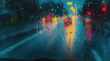 Experience the essence of a rainy journey with our blurred view of a road through a wet car window. Stay safe on wet roads