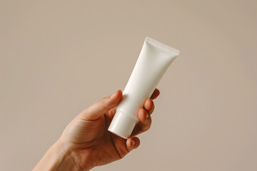 Close-up shot of a hand holding an empty white cosmetic cream tube on a soft beige isolated solid background, emphasizing natural and minimalist beauty,