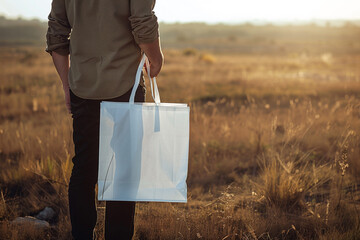 A man standing in an open field holding a blank white tote, reusable shopping bag, symbolizing the connection between human and earth, - obrazy, fototapety, plakaty