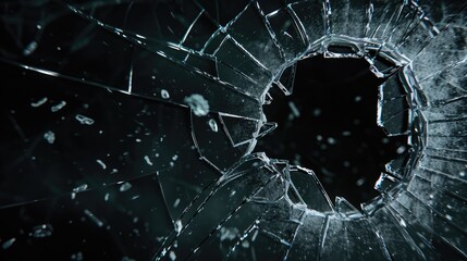 Broken glass on dark background with hole, close up photo - obrazy, fototapety, plakaty