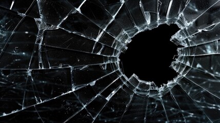 Broken glass on dark background with hole, close up photo