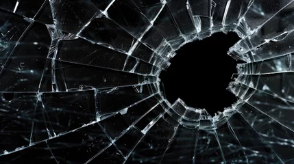 Fototapeten Broken glass on dark background with hole, close up photo © DELstudio