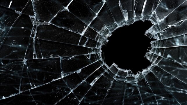 Naklejki Broken glass on dark background with hole, close up photo