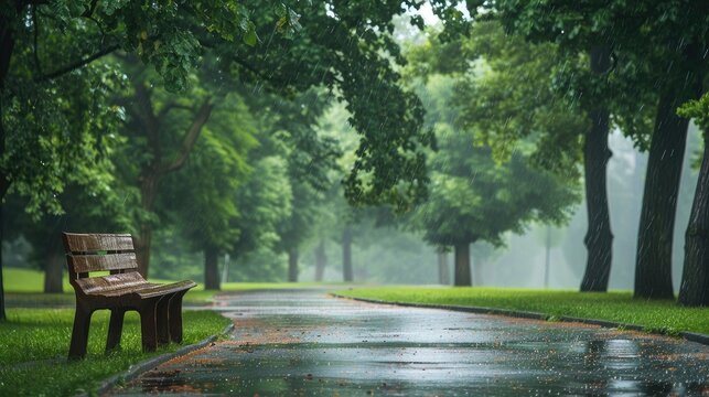 Experience the serenity of nature with our image of a beautiful park featuring trees and a wooden bench on a rainy day. Find tranquility