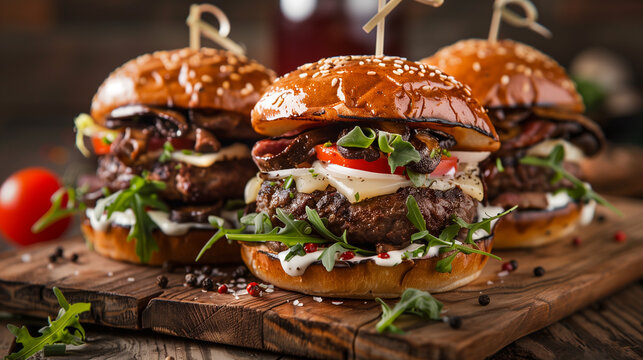 Close-up of three homemade juicy burgers with mushrooms on a wooden cutting board.