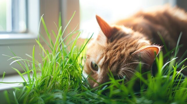 Witness natural instincts with our image of a cute cat enjoying fresh green grass on a white surface. Promote pet health and wellness