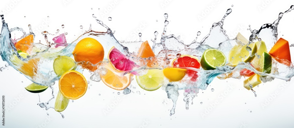 Wall mural an artistic illustration depicts a variety of fruits splashing into a stream of water, with intricat