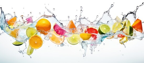 An artistic illustration depicts a variety of fruits splashing into a stream of water, with intricate details in each fruit, tree branches, and liquid movement - obrazy, fototapety, plakaty