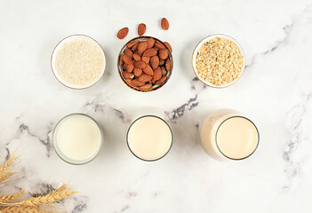 Vegan alternative milk lactose and gluten free, allergy free, almonds, rice, oats and glasses of drinks on the kitchen table, healthy eating concept, diet food, weight loss