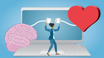 Woman connecting brain and heart. Standing on laptop. Empathy, locical thinking and social skills online and in development. Dimension16:9. Vector illustration.