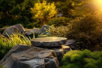 A picturesque podium made of rock, stone in a natural environment in bright sunlight with green leaves around. Textured stone podium, rock stand among green foliage and sun rays