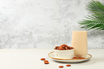 Almond vegan alternative milk lactose and gluten free, allergy free, healthy eating concept, maintaining healthy gut microflora, diet nutrition, weight loss,
