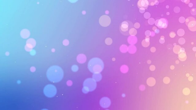 Animation of colorful circles, bokeh effect, light leaks. Abstract floating particles, lights. purple, pink pastel background. Looped live wallpaper. Festive animated stock footage. Holiday, Christmas