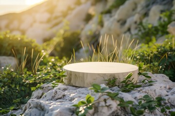 Textured stone podium, rock stand among green foliage and sun rays. A picturesque podium made of rock, stone in a natural environment in bright sunlight with green leaves around