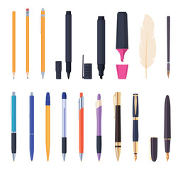 A set of different pens and pencils. Writing tools. Vector illustration