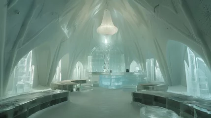 Foto auf Alu-Dibond Otherworldly Beauty of an Icehotel: Sculpted Ice Furniture and Illuminated Icy Interiors © Leah