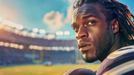 a dark-skinned guy holds an American football ball in his hands at the stadium.  space for text or advertising - obrazy, fototapety, plakaty