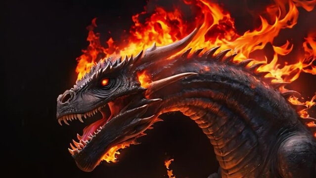 Fire dragon animation, Portrait on black background, Wildlife animal. 4K Video