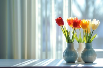 Glass vase with multi-colored tulips in sunlight on the window. Soft morning light bathes the vase of tulip flowers, creating a serene atmosphere.