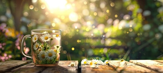 Beautiful daisies in a cup in the summer garden. Rural landscape natural background with daisy flowers in the sunlight. Summer, copy space. AI generated illustration