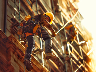 Two workers with safety harnesses are engaged in the restoration of a historical stone building's facade, using scaffolding and professional equipment for high-altitude masonry work.