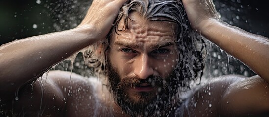 A man with a beard is joyfully washing his hair in the shower, his fur wet with water. The event is a fun gesture, like a scene from a movie