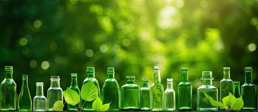 A row of glass bottles filled with liquid, adorned with green leaves, set against a natural landscape of grass. The perfect image for showcasing plantbased drinks