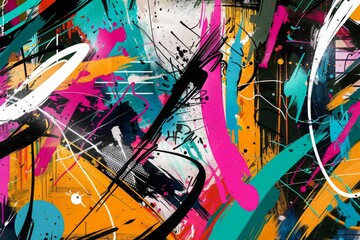 Obraz premium Vibrant abstract graffiti-style artwork with splashes of bold colors, brushstrokes, and chaotic energy. Concept of street art, creativity, and urban expression. 