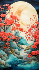 Full moon in the sky and beautiful landscape with red flowers. Illustration. Poster art.