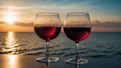 Romantische Rotweingläser für ein Paar bei Sonnenuntergang am Meer für Entspannung und Genuss
