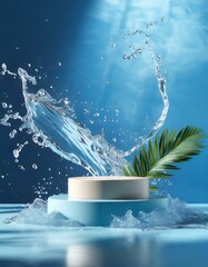 3d cosmetic background. podium with abstract water splash blue background for banner, product or cosmetics presentation