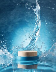 3d cosmetic background. podium with abstract water splash blue background for banner, product or cosmetics presentation