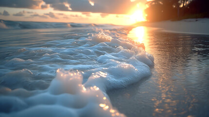 Close-up view of sunset sea water at sand beach. Summer tropical vacation concept. - obrazy, fototapety, plakaty