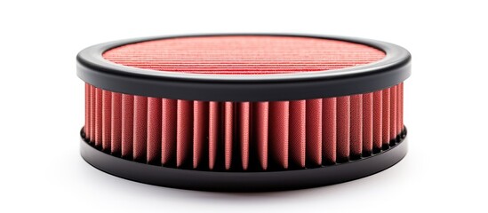 A closeup shot of a vibrant red air filter against a pristine white background, resembling a circle. This automotive part is essential for the human body of a vehicle