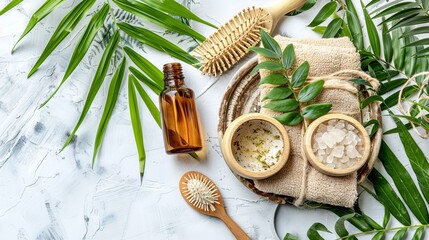 Flatlay Tropical spa composition with palm leaves
Concept: summer cosmetic products, healthy...