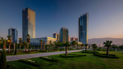 Fototapeta na wymiar Economic Might: A Panoramic View of the Izmir Trade Center Illuminated by the Setting Sun