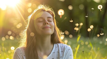 Breathe easy with our image of a beautiful young woman enjoying the outdoors allergy-free, surrounded by green grass and dandelions