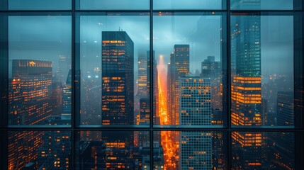City Street at Night With Tall Buildings