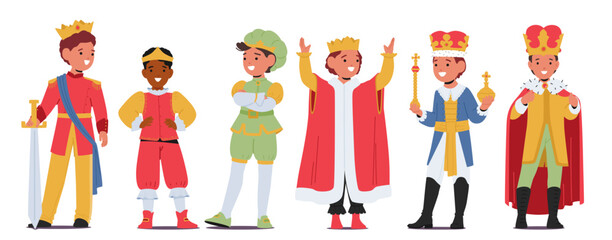 Little Boys In Prince Or King Costumes Radiate Regal Charm, Adorned In Velvet Capes, Golden Crowns And Scepters