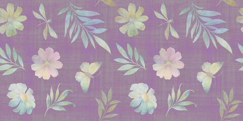 abstract butterfly and dragonfly background, delicate drawn flowers, seamless pattern, watercolor painting illustration, luxury wallpaper, premium modern design