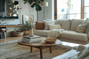 An organic modern living room with a white couch, a rustic coffee table