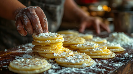 Cooking in the kitchen, kneading a handmade dough - obrazy, fototapety, plakaty