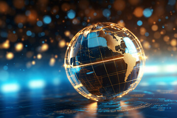 A shiny golden earth globe with blue neon light particle, network tech and worldwide business concept