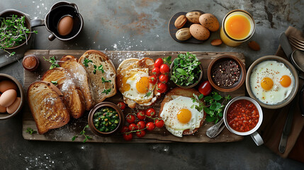 Breakfast spread with coffee toast eggs and juice