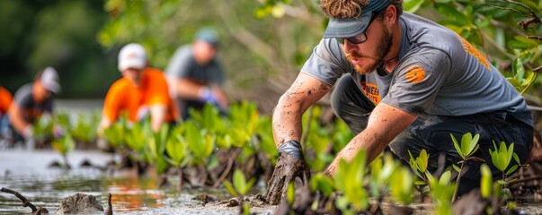 Coastal reforestation project volunteers plant mangrove trees to prevent erosion