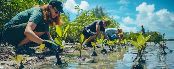In the coastal reforestation project, volunteers plant mangrove trees to prevent erosion