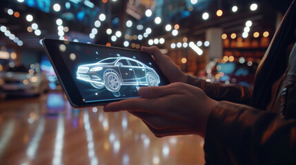 Car dealer holding tablet with 3d hologram - obrazy, fototapety, plakaty